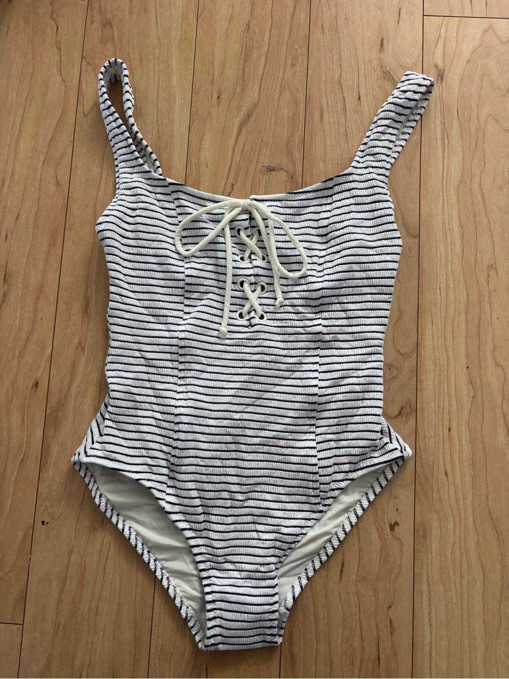 SOLID & STRIPED Black and White Striped Lace-Up Kids One-Piece